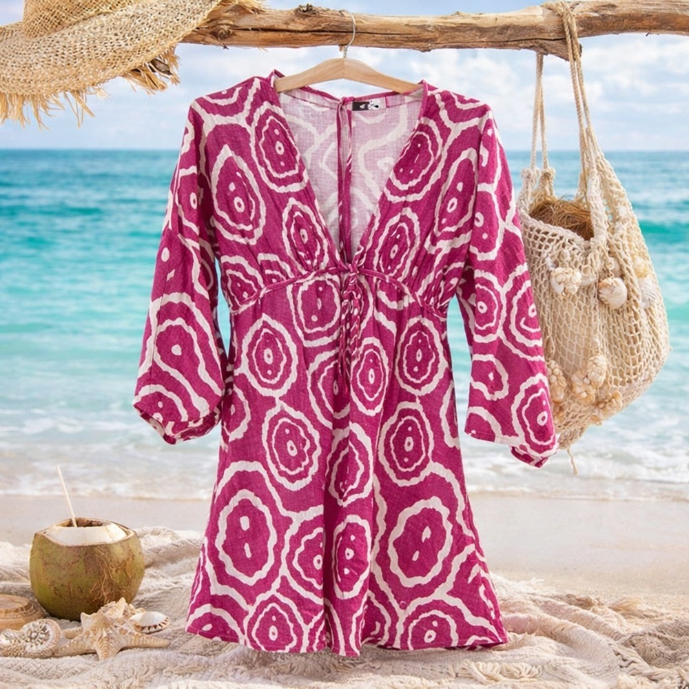 ZARA Pink Printed Tunic Dress Beaded Detail Cotton Linen Size M